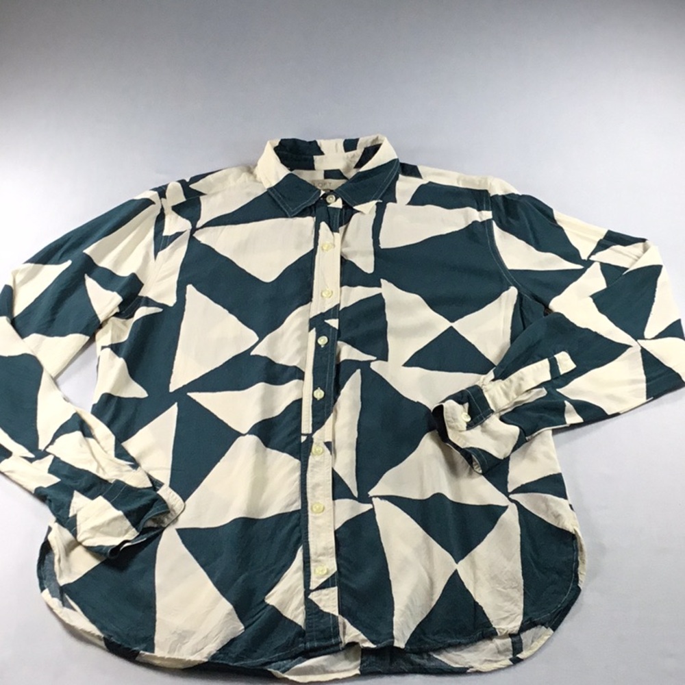 Loft Vintage vibes Geo Print Teal Cream Print Blouse BohoChic size S